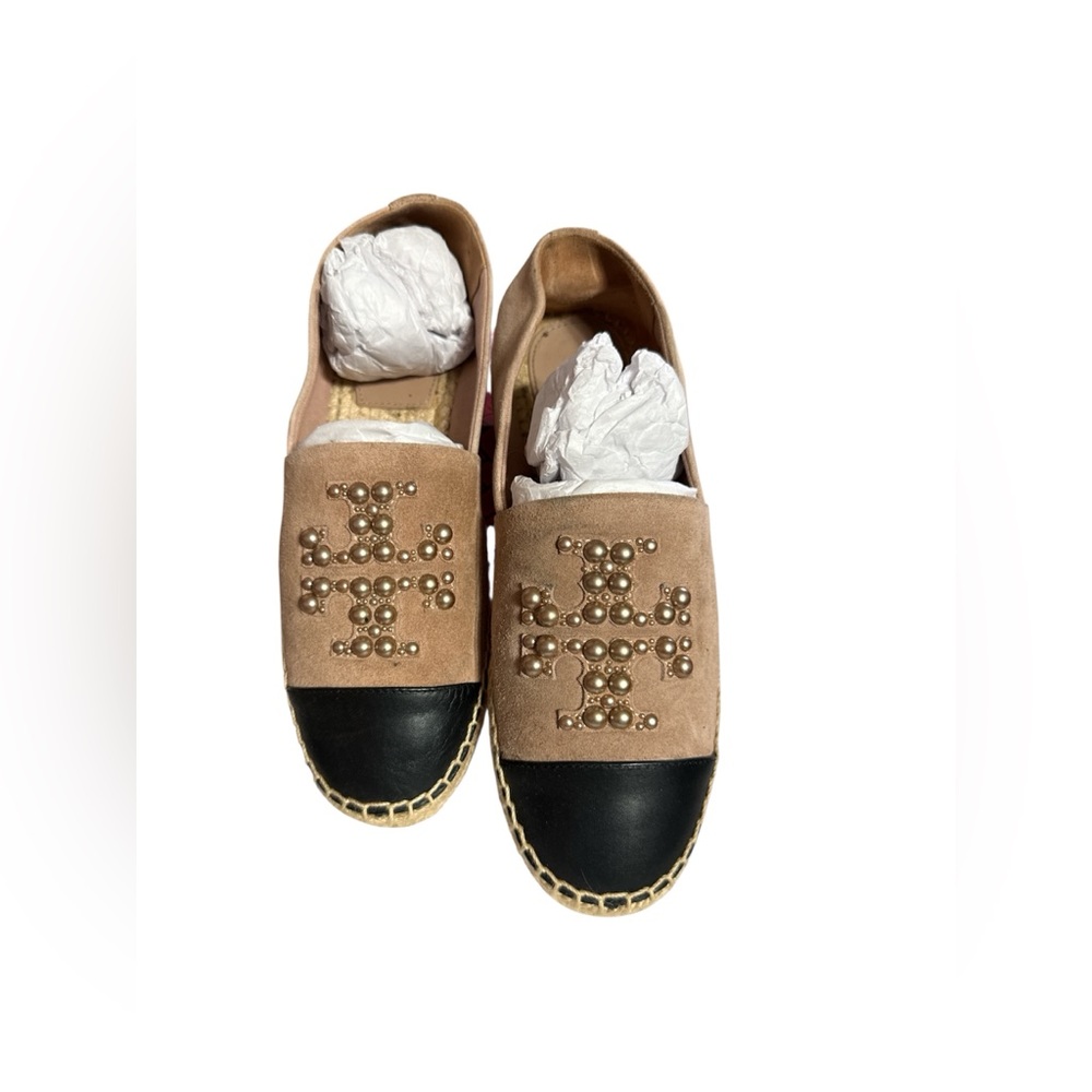 TORY BURCH Pearl Logo Flat Espadrille Suede-MEADOWSWEET Sz 9 - Picture 3 of 6